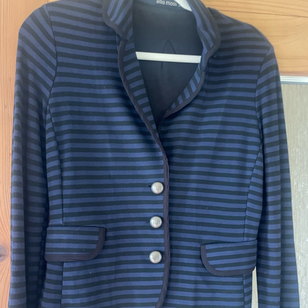 Soft comfortable jersey style blazer. Classic black and navy stripes.